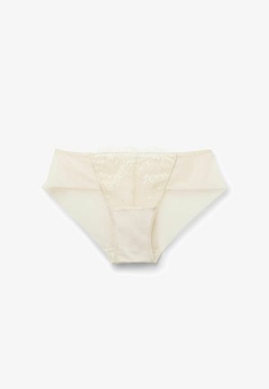 Beige krátké kalhotky s průhlednou krajkovou částí na zadní straně, s vlnitými okraji a hladkým bavlněným předním dílem. Měkká textura a jemný květinový vzor.