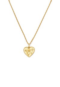 Collana con pendente a forma di cuore in oro, caratterizzata da un design floreale in rilievo e accenti a forma di stella, sospesa a una catena a maglie torcigliate.