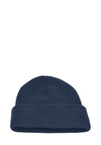 Berretto lavorato a maglia di colore blu scuro, caratterizzato da una texture a costine, risvolto pieghevole e un design superiore senza cuciture, adatto per un look casual.