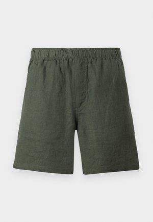 Pantalones cortos de lino verdes con una cinturilla elástica, corte de pierna recta y una textura suave, con costuras simples sin adornos adicionales.
