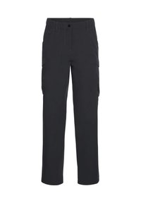 Zwarte cargo broek van duurzaam materiaal, met twee zijzakken, rechte pasvorm en een ontspannen fit. Dubbele stiksels langs de naden.