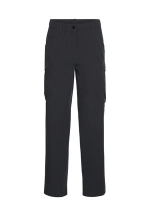 Pantaloni cargo neri realizzati in tessuto resistente, dotati di due tasche laterali, taglio dritto e vestibilità comoda. Cuciture doppie lungo le cuciture.