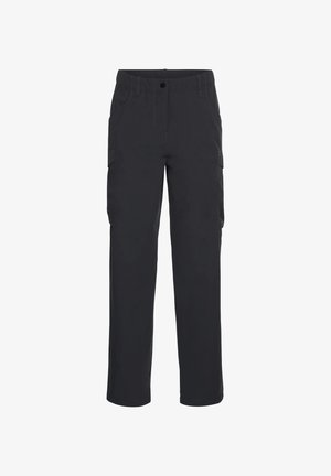 Pantaloni cargo neri realizzati in tessuto resistente, dotati di due tasche laterali, taglio dritto e vestibilità comoda. Cuciture doppie lungo le cuciture.