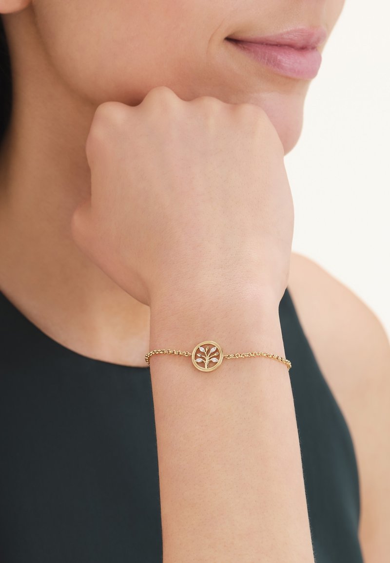 Gros plan sur un poignet portant un bracelet en or avec un pendentif rond représentant l'arbre de vie, main reposant près du menton d'une personne souriante, portant un haut sans manches foncé.