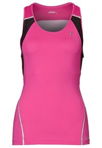 Rosa träningslinne med svarta mesh-sidopaneler, rund halsringning, ärmlös design och reflekterande detaljer längs sidorna.