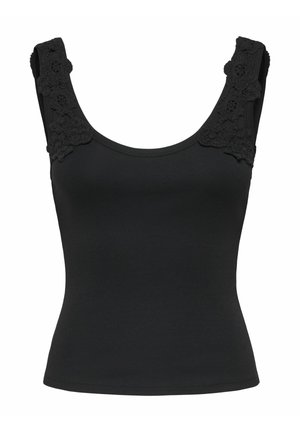 Sort ærmeløs tætsiddende top med bådformet udskæring og blomsterblonde detalje på brede skulderstropper.