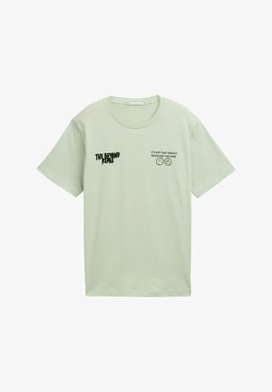 Lysegrøn bomulds T-shirt med korte ærmer, prydet med sort teksttryk på forsiden. Rund halsudskæring og afslappet pasform.