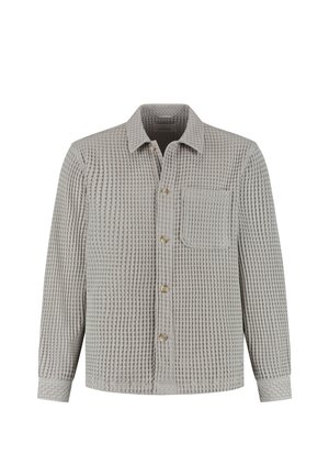 Lichtgrijs overhemd met lange mouwen, knoopsluiting, wafelstructuur en een enkele borstzak.