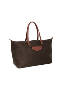 Borsa tote in nylon marrone con accenti in pelle marrone, forma rettangolare, manici doppi e chiusura con zip. Presenta una tasca anteriore con etichetta.