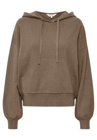 Brown cotton blend hoodie with a front pocket, drawstring hood, dropped shoulders, and ribbed cuffs. Soft texture and relaxed fit.