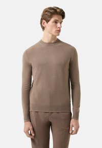 Brauner Wollpullover mit rundem Ausschnitt, langen Ärmeln und geripptem Saum. Der Stoff hat eine weiche Textur und bietet eine figurbetonte Silhouette.