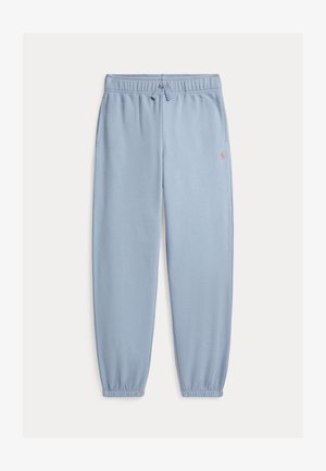 Pantalon de survêtement bleu clair avec taille élastique, cordon de serrage, poches latérales, poignets élastiques et petit logo rose sur la cuisse supérieure.