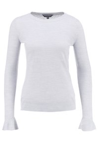 Jasnoszary sweter z długim rękawem wykonany z miękkiej dzianiny. Posiada okrągły dekolt oraz rozszerzane mankiety z prążkowaną fakturą na dole.