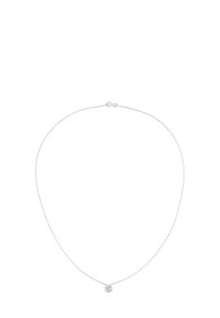 Srebrny naszyjnik z łańcuszkiem z delikatnym okrągłym wisiorkiem. Łańcuszek jest cienki o subtelnej fakturze, a wisiorek ma skomplikowany wzór.