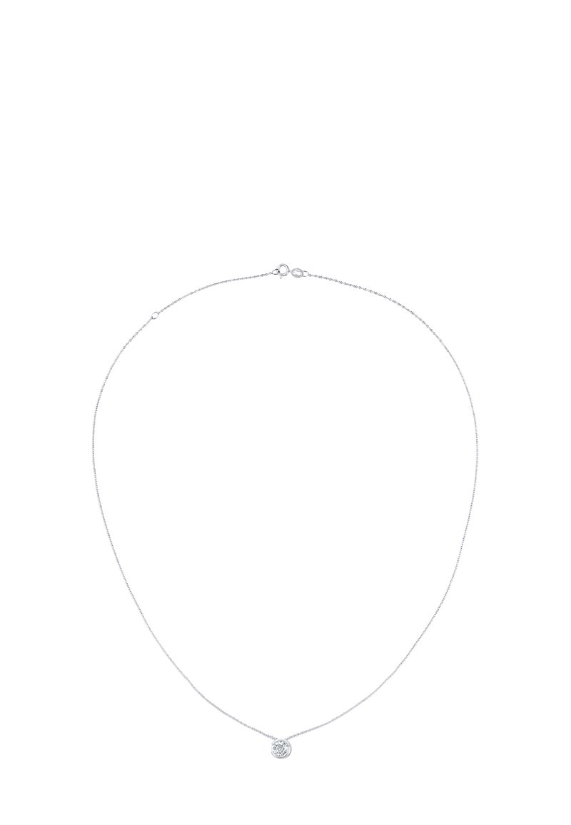 Srebrny naszyjnik z łańcuszkiem z delikatnym okrągłym wisiorkiem. Łańcuszek jest cienki o subtelnej fakturze, a wisiorek ma skomplikowany wzór.