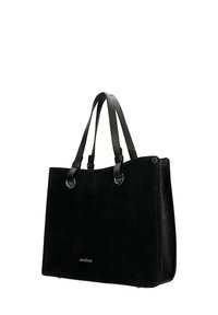 Zwarte suède en leren shopper met dubbele handvatten en zilverkleurige metalen accenten, met de merknaam "Wojas" aan de voorkant.