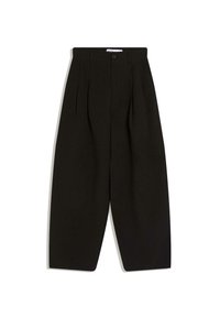 Sorte bukser med vide ben lavet af blødt stof, med plisseret front, knaplukning og sidelommer for ekstra funktionalitet.