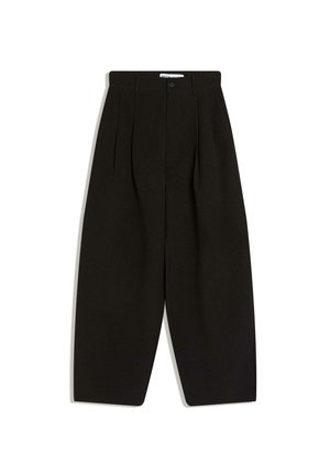 Černé kalhoty s širokými nohavicemi z měkké látky, s plisovaným předním dílem, zapínáním na knoflíky a bočními kapsami pro vyšší praktičnost.
