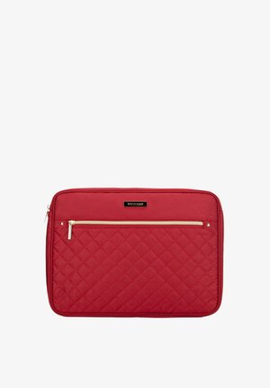 Rotes, gesteppte Laptop-Hülle mit einem goldenen Reißverschluss, die über eine Fronttasche verfügt und ein schlankes, gepolstertes Design für den Schutz des Geräts bietet.