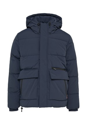 Marineblaue Steppjacke mit Kapuze, ausgestattet mit einer zipbaren Brusttasche, zwei vorderen Aufsetztaschen und einem verstellbaren Kordelzug am Saum.