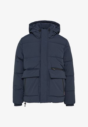 Marineblaue Steppjacke mit Kapuze, ausgestattet mit einer zipbaren Brusttasche, zwei vorderen Aufsetztaschen und einem verstellbaren Kordelzug am Saum.