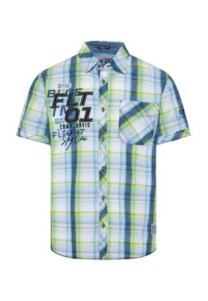Košela s krátkym rukávom v modro-zelenom károvanom vzore, s prednou vreckom, gombíkovým zapínaním a rôznymi potlačami na hrudi.