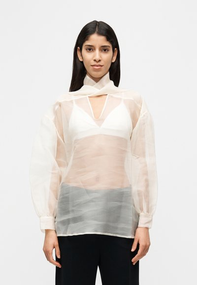 Blusa ligera y translúcida en un color suave y pálido, con escote en V y mangas largas abullonadas. Presenta un tejido en capas y texturizado para dar profundidad.