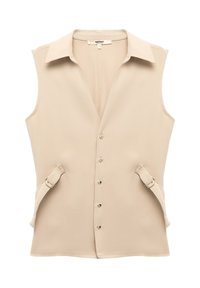 Beige ärmellose Weste mit einem spitzen Kragen, Knopfleiste und Seitenträgern mit Schnallen. Glattes Material mit minimalistischem Design.
