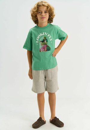 Roheline puuvillane t-särk, millel on värvikas papagoi graafika ja tekst "LOOKIN' FLY." Sobitatud heledate hallide pükste ja pruunide libisemiskingadega.