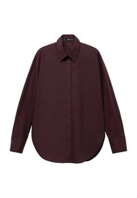Camisa burdeos de manga larga con cuello de punta, frente con botones, dobladillo redondeado y tejido texturizado. Presenta botones en los puños y un ajuste relajado.