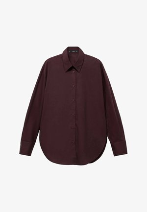 Burgundy long-sleeve shirt with a pointed collar, button-down front, rounded hem, and textured fabric. Features cuff buttons and relaxed fit.