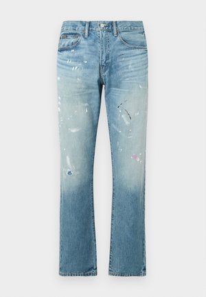 Hellblaue Jeans aus Denim mit geradem Schnitt, ausgestattet mit Farbspritzern, ausgewaschenen Bereichen und Standard-Fünf-Taschen-Design. Knopfverschluss an der Taille.
