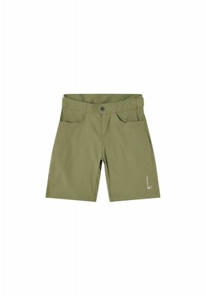 Oliven grønne shorts til knæet med forlommer, knaplukning og lille hvidt logo på venstre ben.