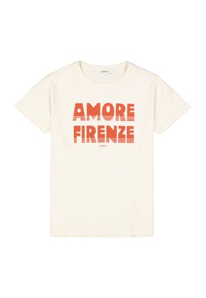 T-shirt crème avec un texte orange vif indiquant "AMORE FIRENZE", coupe décontractée et manches courtes. Tissu en coton doux.