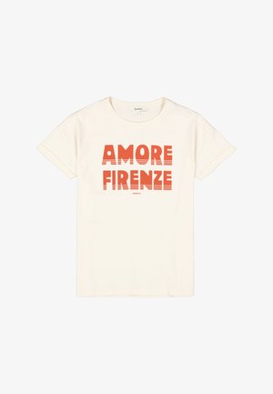 Crèmekleurig T-shirt met gedurfde oranje tekst 'AMORE FIRENZE', met een ontspannen pasvorm en korte mouwen. Glad katoenen stof.