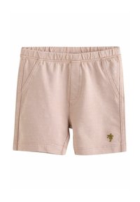 Lichtroze shorts met een elastische tailleband, zijzakken en een klein groen palmbomembrodering detail op de onderzoom.