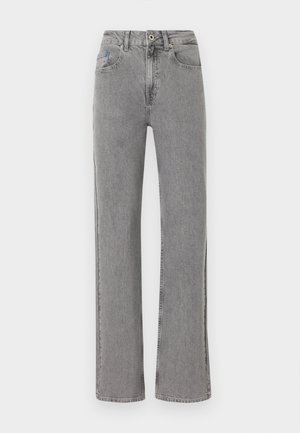 Υψηλής μέσης γκρι τζιν με ίσια γραμμή, μπροστινό κουμπί, φερμουάρ, θηλιές για ζώνη και σχέδιο πέντε τσεπών.