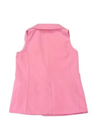 Gilet rosa senza maniche con colletto, vestibilità aderente e superficie liscia. Presenta cuciture dettagliate lungo le cuciture, vista posteriore mostrata.