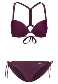 Bordeaux-Bikini-Set mit gepolstertem Oberteil, das über geflochtene Träger auf der Rückseite und ein Krawatten-Design verfügt; Höschen mit verstellbaren Seitenschnüren und Logo-Akzent.