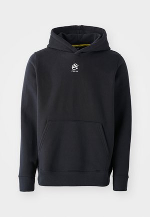 Sort hættebluse lavet af bomuldsblandingsstof, med en kængurulomme og et broderet logo på brystet. Simpelt, klassisk design.