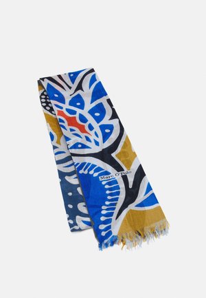 Gefalteter bunter Schal mit abstrakten Blumenmustern in Blau, Weiß, Schwarz, Rot und Senfgelb, mit Fransen an den Rändern und einem "Marc O'Polo"-Etikett.