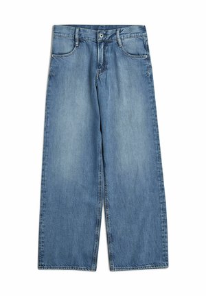 Helle Jeans aus Denim mit weitem Bein, Vorderknopf und Reißverschluss, sowie Front- und Gesäßtaschen.