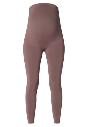 Mauve-kleurige naadloze zwangerschapsleggings met hoge tailleband, ontworpen om een zwangere buik te ondersteunen, weergegeven op een witte achtergrond.