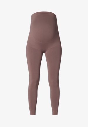 Mauve-colored seamless maternity leggings with high waistband designed to support a pregnant belly, displayed on white background.