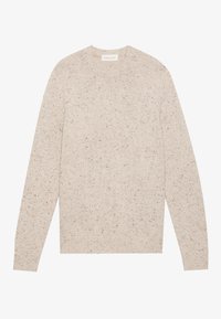 Hellbeige gestrickter Pullover mit rundem Halsausschnitt, langen Ärmeln und gesprenkelter Textur. Ribbed Bündchen und Saum verleihen subtile Akzente.