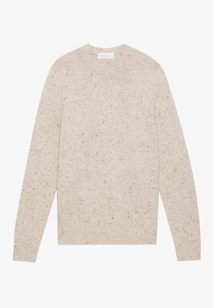 Hellbeige gestrickter Pullover mit rundem Halsausschnitt, langen Ärmeln und gesprenkelter Textur. Ribbed Bündchen und Saum verleihen subtile Akzente.