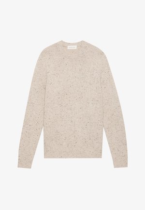 Hellbeige gestrickter Pullover mit rundem Halsausschnitt, langen Ärmeln und gesprenkelter Textur. Ribbed Bündchen und Saum verleihen subtile Akzente.