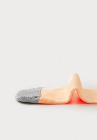 Orange and gray ankle sock with a textured knit pattern; gray toe and heel with a smooth, soft top portion in orange.