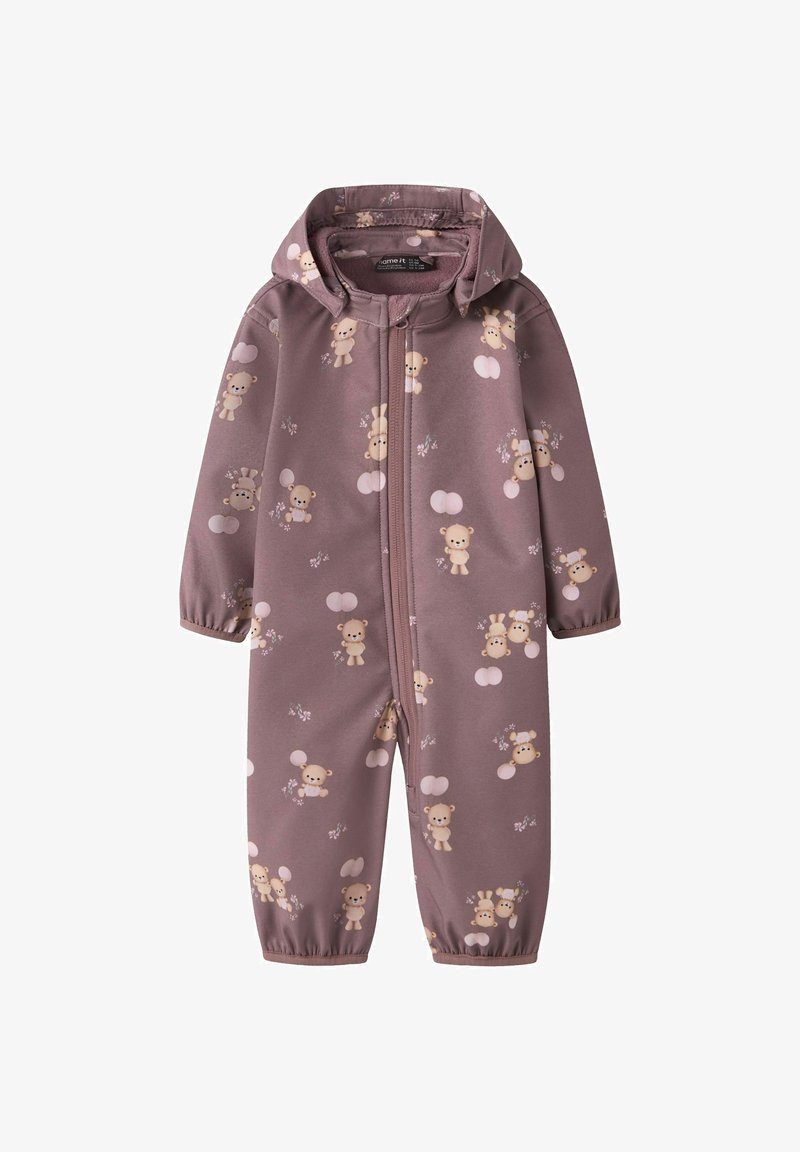 Combinaison bébé douce mauve avec capuche, fermeture éclair devant, poignets élastiques, avec imprimé ourson et ballon partout.