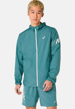 Junge Person trägt eine türkisfarbene Kapuzenjacke mit Reißverschluss und passende Shorts mit weißen Sportmarkenlogos auf Ärmel und Bein vor einfachem Hintergrund.